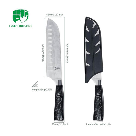 Fulli Santoku-Messer, 7 Zoll, Edelstahl, 2-teilig, schwarz, ideal für Sushi, präzise Schneide.