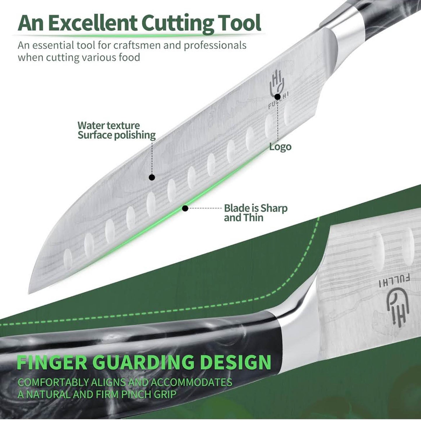 Fulli Santoku-Messer, 7 Zoll, Edelstahl, 2-teilig, schwarz, ideal für Sushi, präzise Schneide.