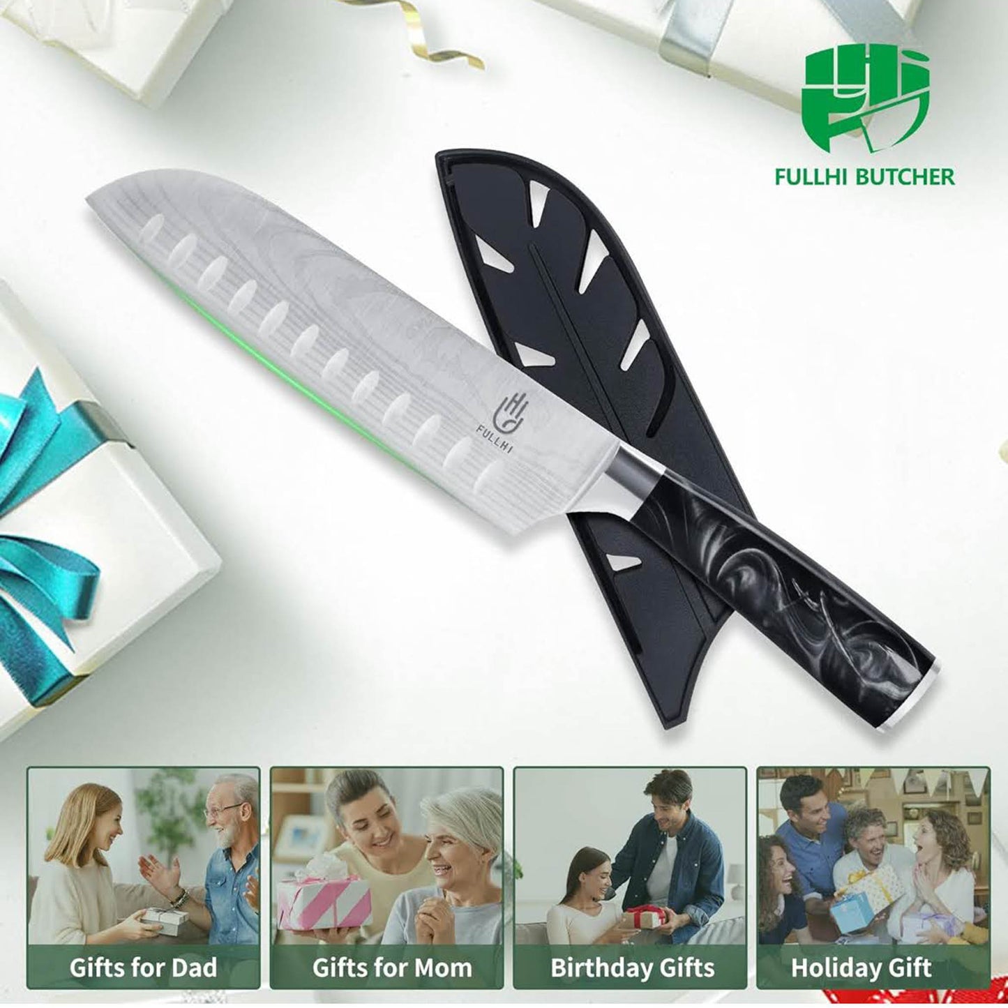 Fulli Santoku-Messer, 7 Zoll, Edelstahl, 2-teilig, schwarz, ideal für Sushi, präzise Schneide.