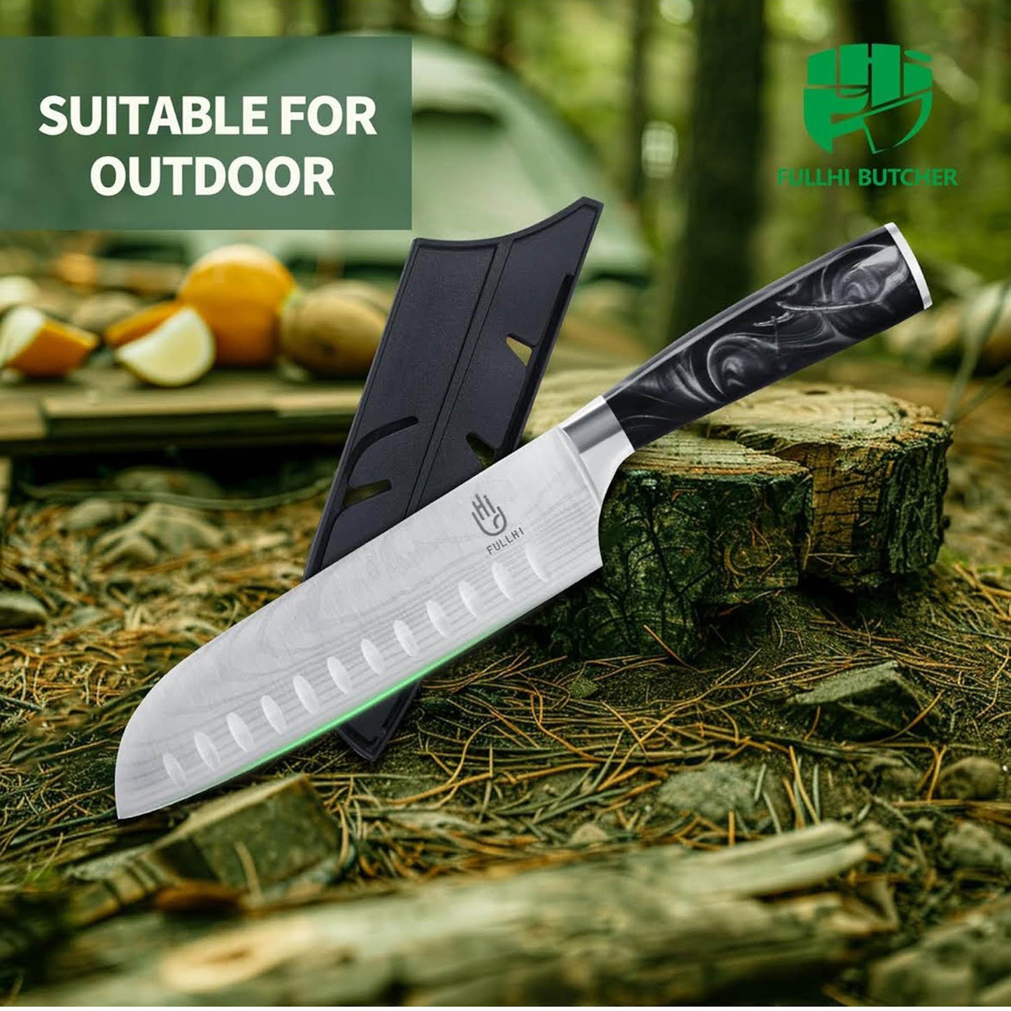Fulli Santoku-Messer, 7 Zoll, Edelstahl, 2-teilig, schwarz, ideal für Sushi, präzise Schneide.
