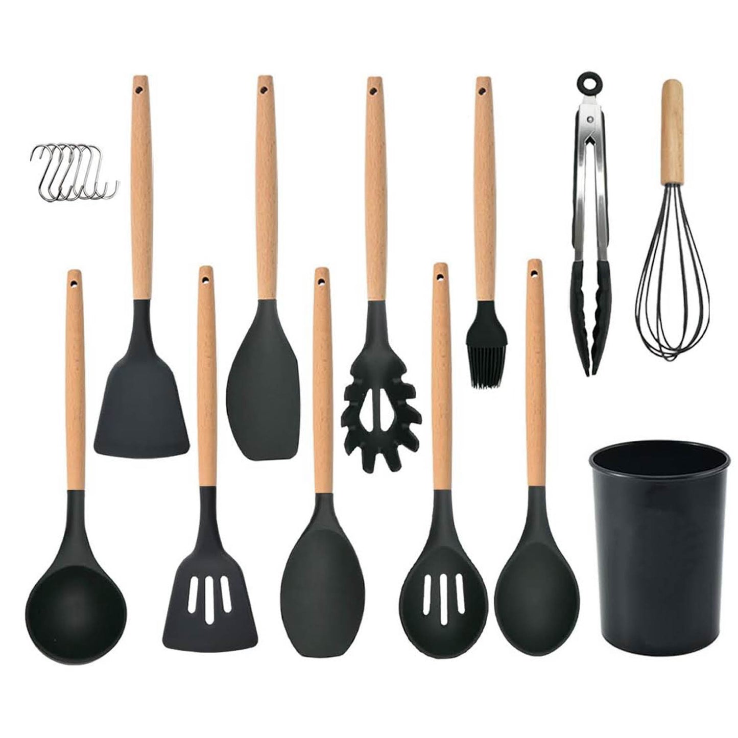 Küchenhelfer-Set, 12-teilig, Silikon, hitzebeständig, antihaftbeschichtet, Holzgriff, Schwarz, ideal für jede Küche.