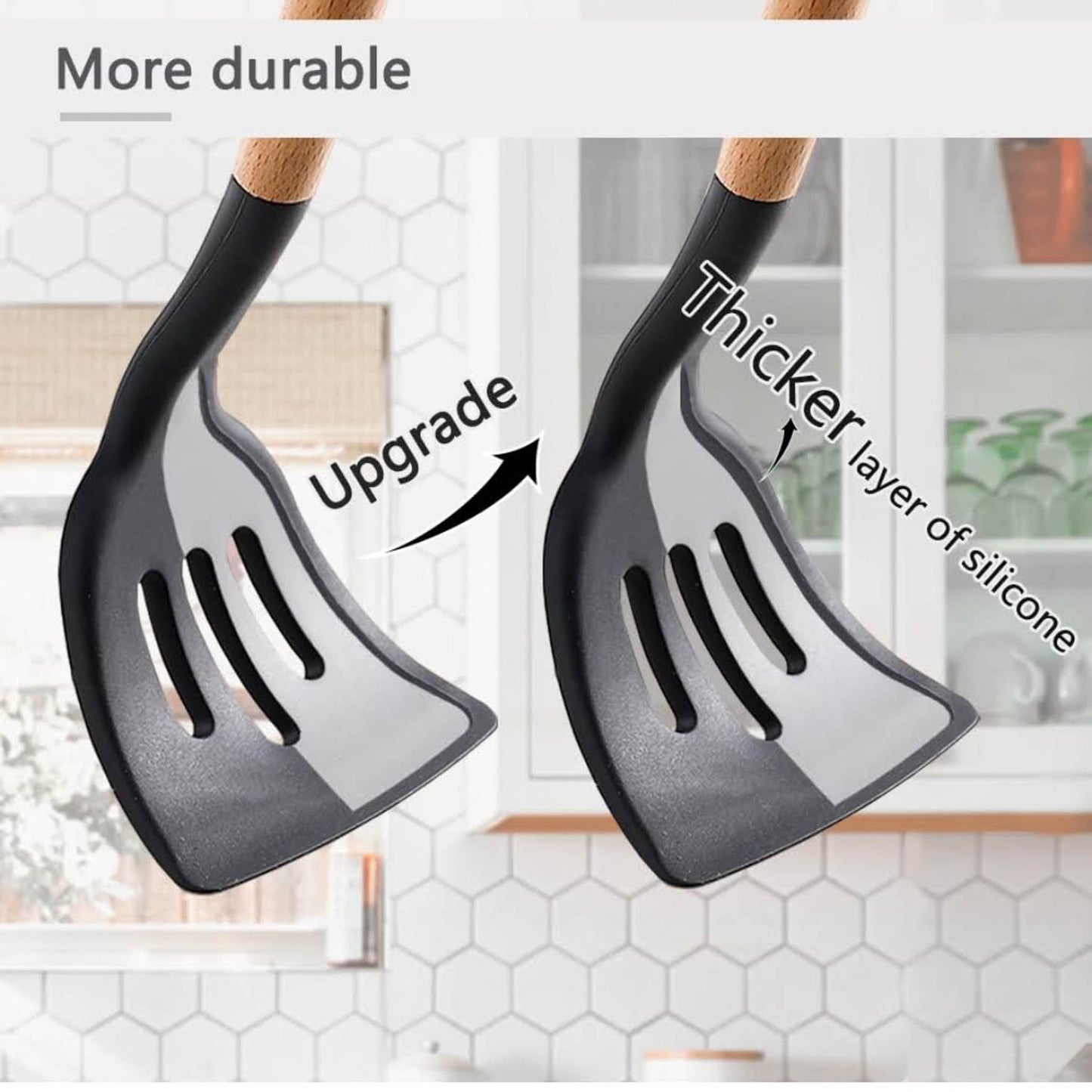 Küchenhelfer-Set, 12-teilig, Silikon, hitzebeständig, antihaftbeschichtet, Holzgriff, Schwarz, ideal für jede Küche.