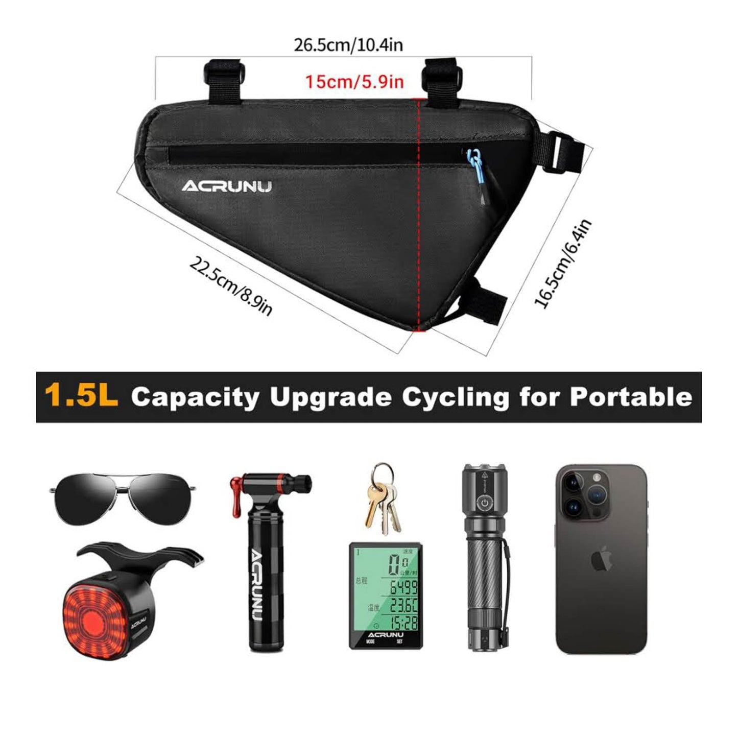ACRUNU Dreieckstasche, wasserdicht, 1,5L, für 22-24mm Rahmen, inkl. Fahrradklingel, ideal für Mountainbike und Rennrad.