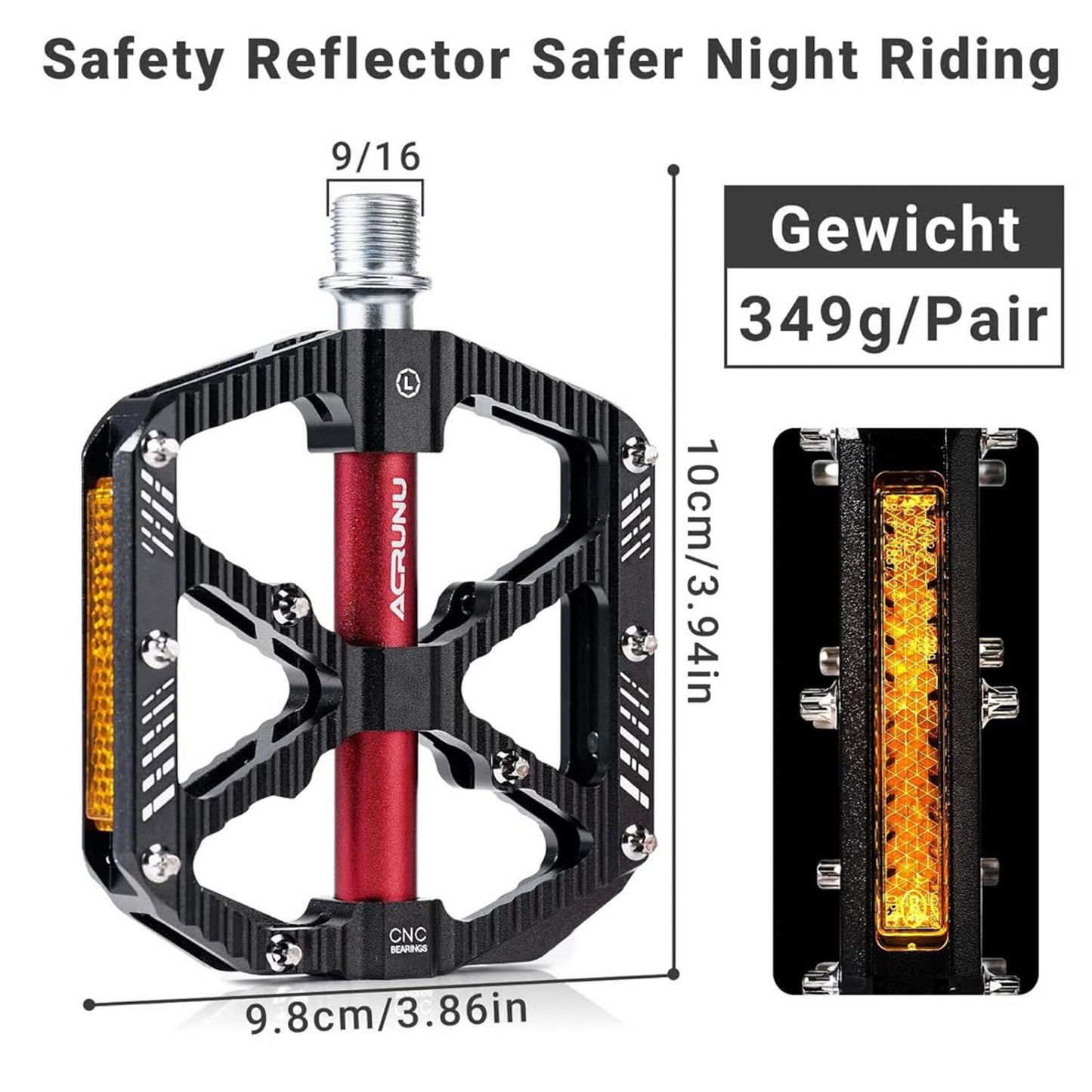 ACRUNU Rennrad Pedale, Aluminium, Rutschfest, StVZO Reflektor, 3 Abgedichtete Lager, CNC, Wasserdicht, 9/16", geeignet für MTB, Rennrad, Gravel, E-Bike.