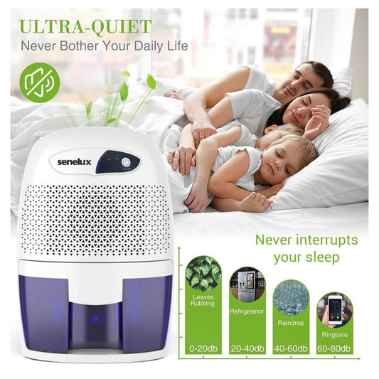 Senelux Mini-Luftentfeuchter 500 ml, tragbar, leise, effizient, ideal für kleine Räume, Keller und Schlafzimmer.