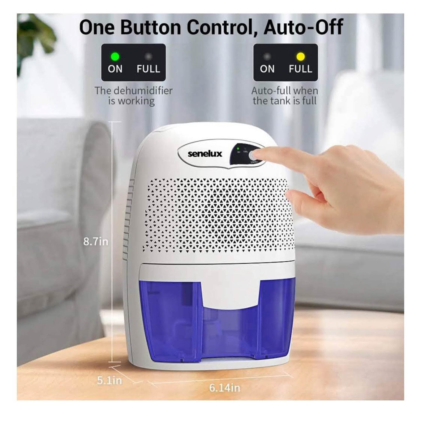 Senelux Mini-Luftentfeuchter 500 ml, tragbar, leise, effizient, ideal für kleine Räume, Keller und Schlafzimmer.