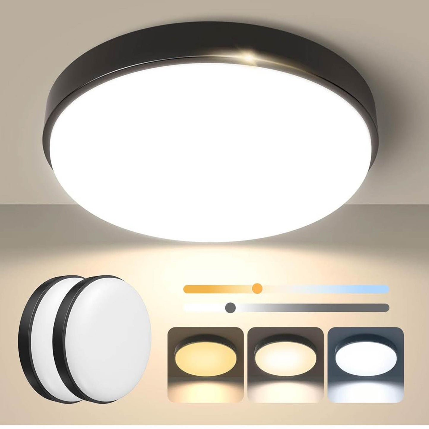 OOWOLF Deckenlampe 24W, LED, dimmbar, 23cm, 3000k/4000k/5000k, flach, 2er Set, ideal für Wohnzimmer, Badezimmer und Küche.