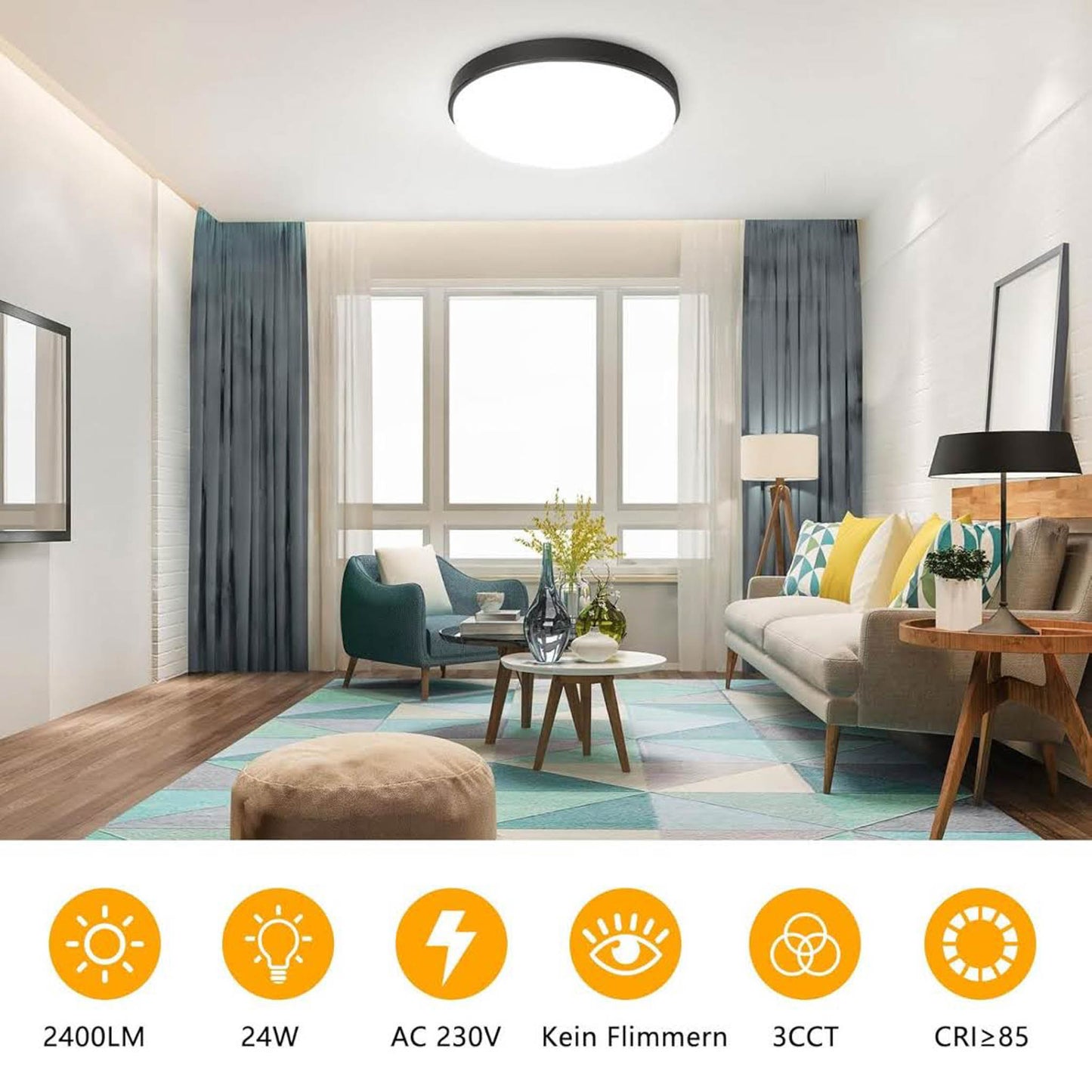 OOWOLF Deckenlampe 24W, LED, dimmbar, 23cm, 3000k/4000k/5000k, flach, 2er Set, ideal für Wohnzimmer, Badezimmer und Küche.