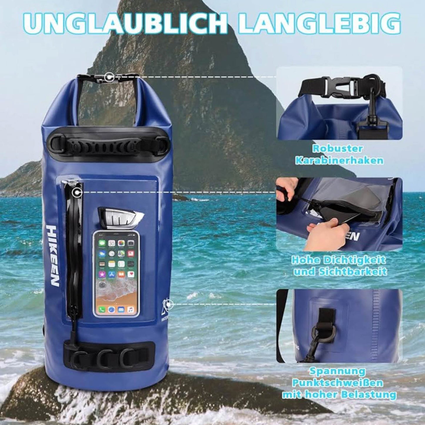 BOOSTEADY Dry Bag 20L, wasserdicht, IPX7, mit 3 D-Ringen, Reißverschluss, Touchscreen, ideal für Kajak, Boot, Camping, Strand.
