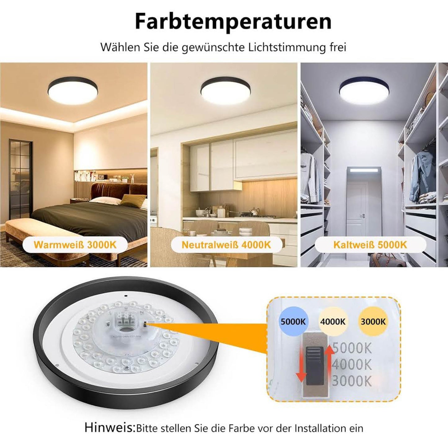 OOWOLF Deckenlampe 24W, LED, dimmbar, 23cm, 3000k/4000k/5000k, flach, 2er Set, ideal für Wohnzimmer, Badezimmer und Küche.