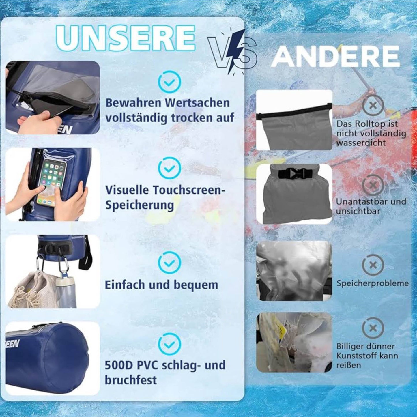 BOOSTEADY Dry Bag 20L, wasserdicht, IPX7, mit 3 D-Ringen, Reißverschluss, Touchscreen, ideal für Kajak, Boot, Camping, Strand.