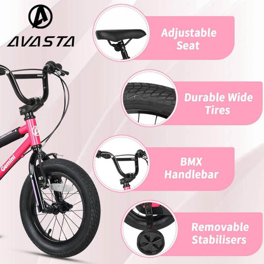 AVASTA 12 Zoll Kinderfahrrad PINK, BMX Style, mit Stabilisatoren & Kickstand, ideal für 1-8 Jahre alte Kinder.