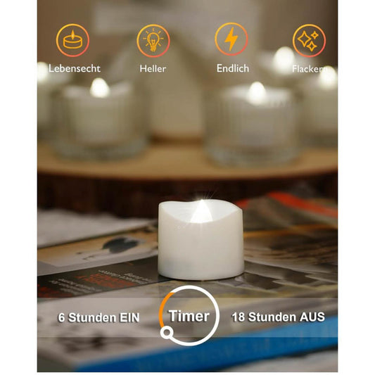 Homemory Teelichter 12er Set, LED-Kerzen, 6-Stunden-Timer, flackernd, weiß, ideal für Dekoration und stimmungsvolle Beleuchtung.