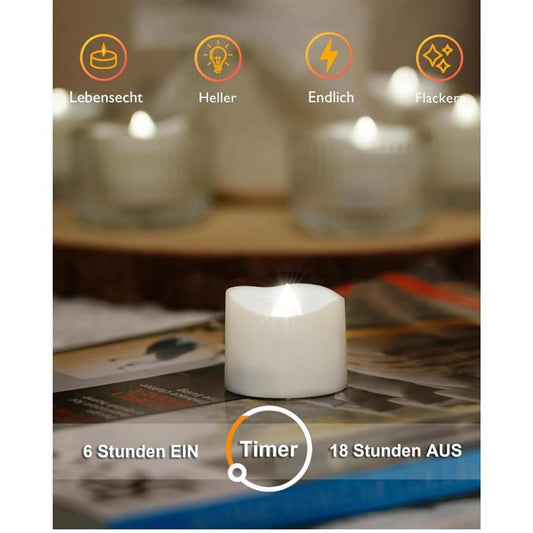 Homemory Teelichter 12er Set, LED-Kerzen, 6-Stunden-Timer, flackernd, weiß, ideal für Dekoration und stimmungsvolle Beleuchtung.