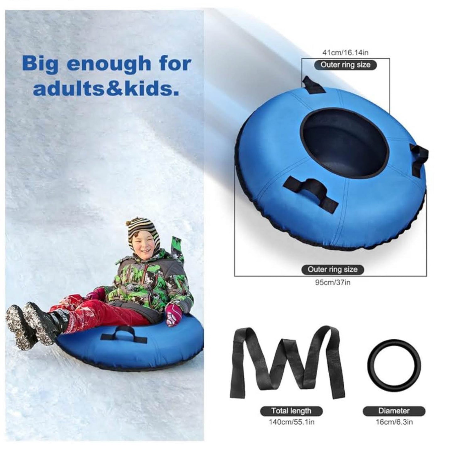 FZENeast Aufblasbarer Schlitten, 95 cm, Rodelreifen, Kältebeständig, Canvas Bezug, ideal für Kinder & Erwachsene, Winterspaß.