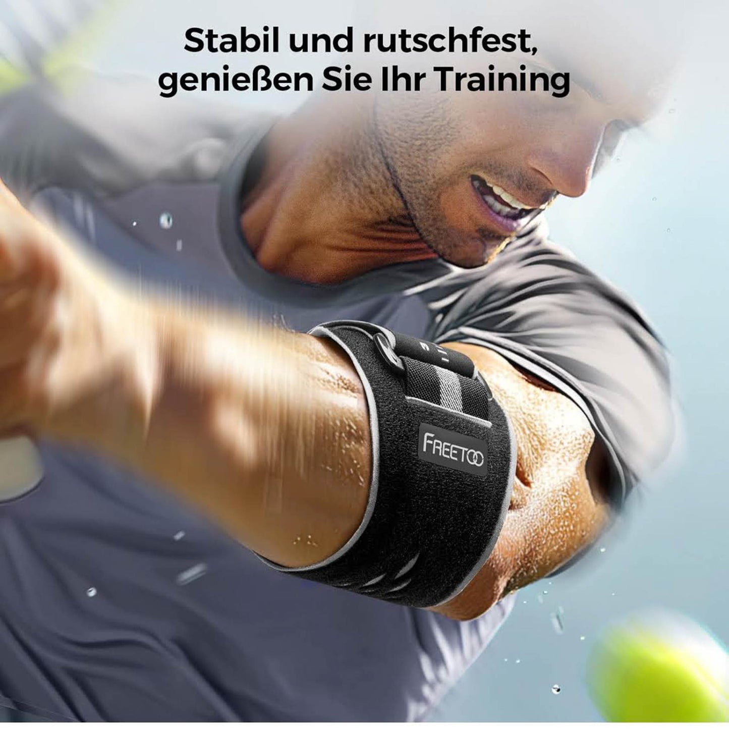 FREETOO Ellenbogenbandage, Tennisarm, für Herren/Damen, ideal bei Epicondylitis, Schwarz/Grau, optimal für Kraftsport.