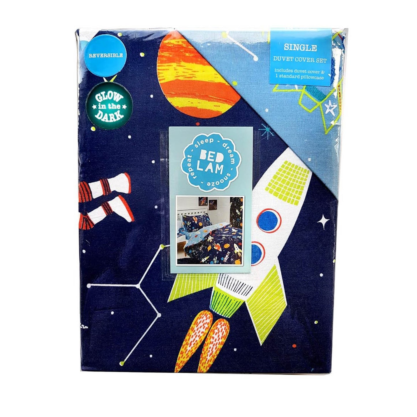Bedlam Supersonic Bettbezug-Set 135x200cm, leuchtet im Dunkeln, 52% Polyester, 48% Baumwolle, blau, Duvet Cover Set: Single