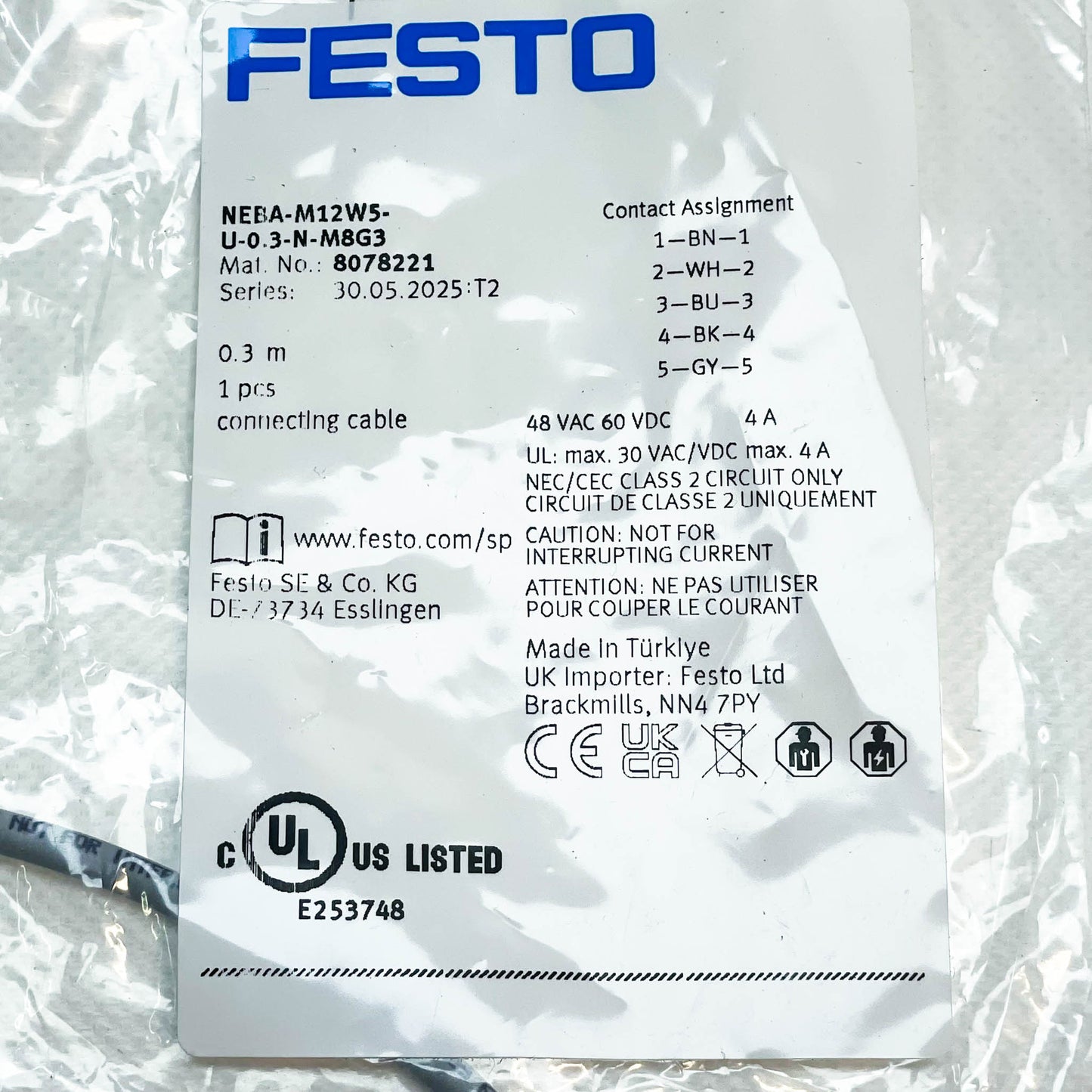 FESTO Verbindungsleitung NEBA-M12W5-U-0.3-N-M8G3, 0.3 m, 8078221, für zuverlässige Verbindung in Automatisierungssystemen.