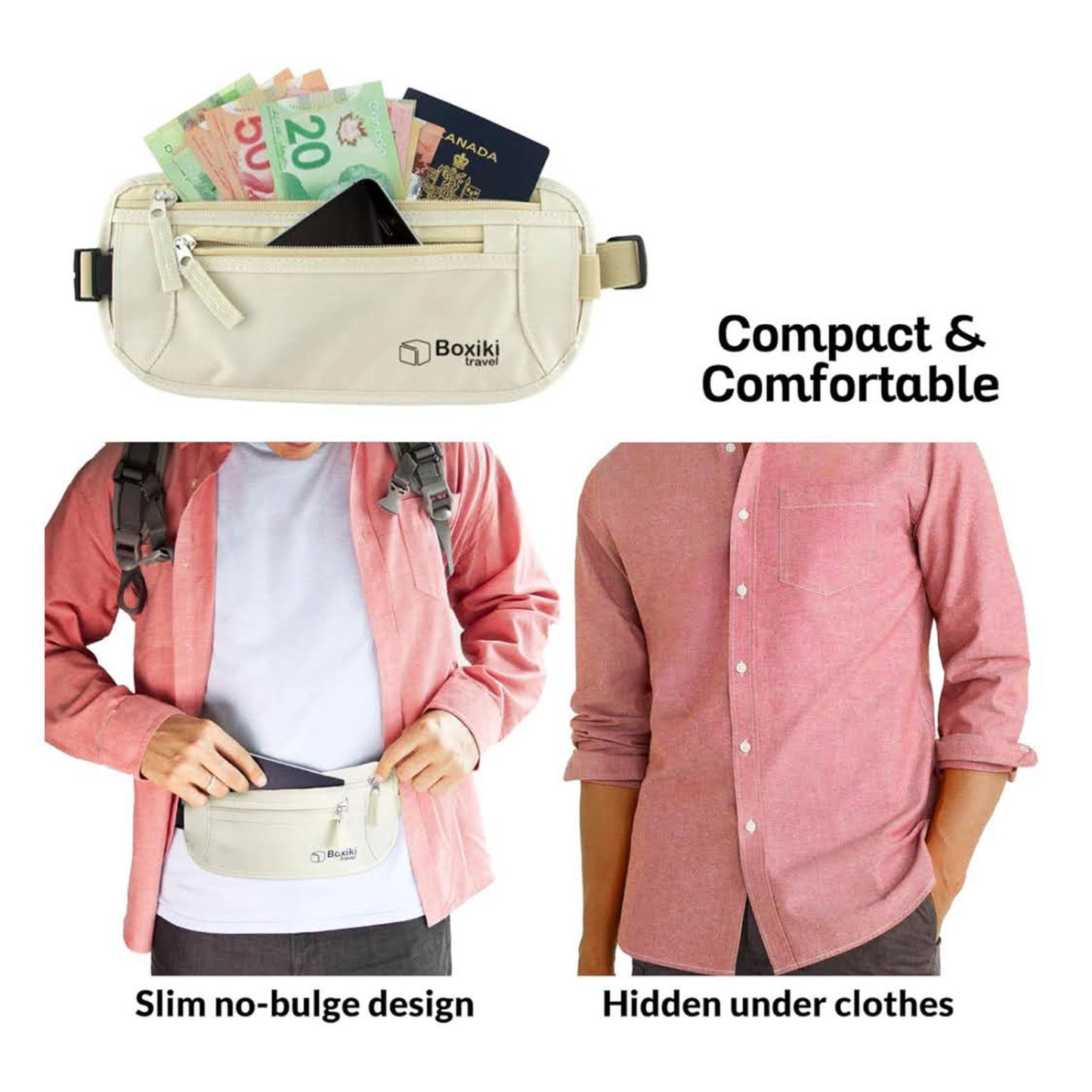 Boxiki Travel Geldgürtel, Unisex, Beige, für Reisen, leicht, verstellbar, sicherer Stauraum für Geld und Dokumente.