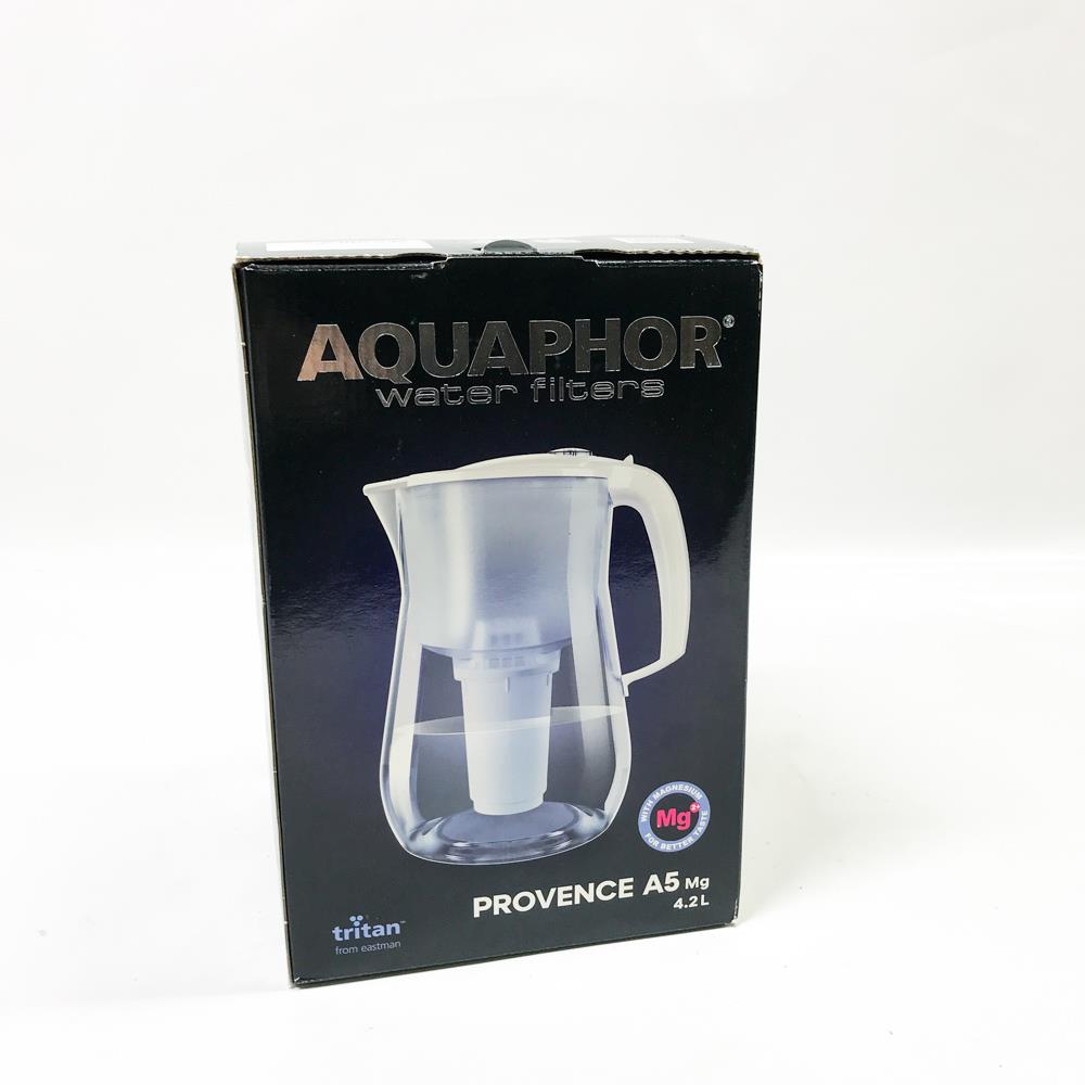 AQUAPHOR Provence Weiß Wasserfilter inkl. 2 A5 Filter mit Magnesium | Karaffe 4,2l | Großer Tischwasserfilter in Glasoptik | Reduziert Kalk & Chlor | Stylischer Behälter