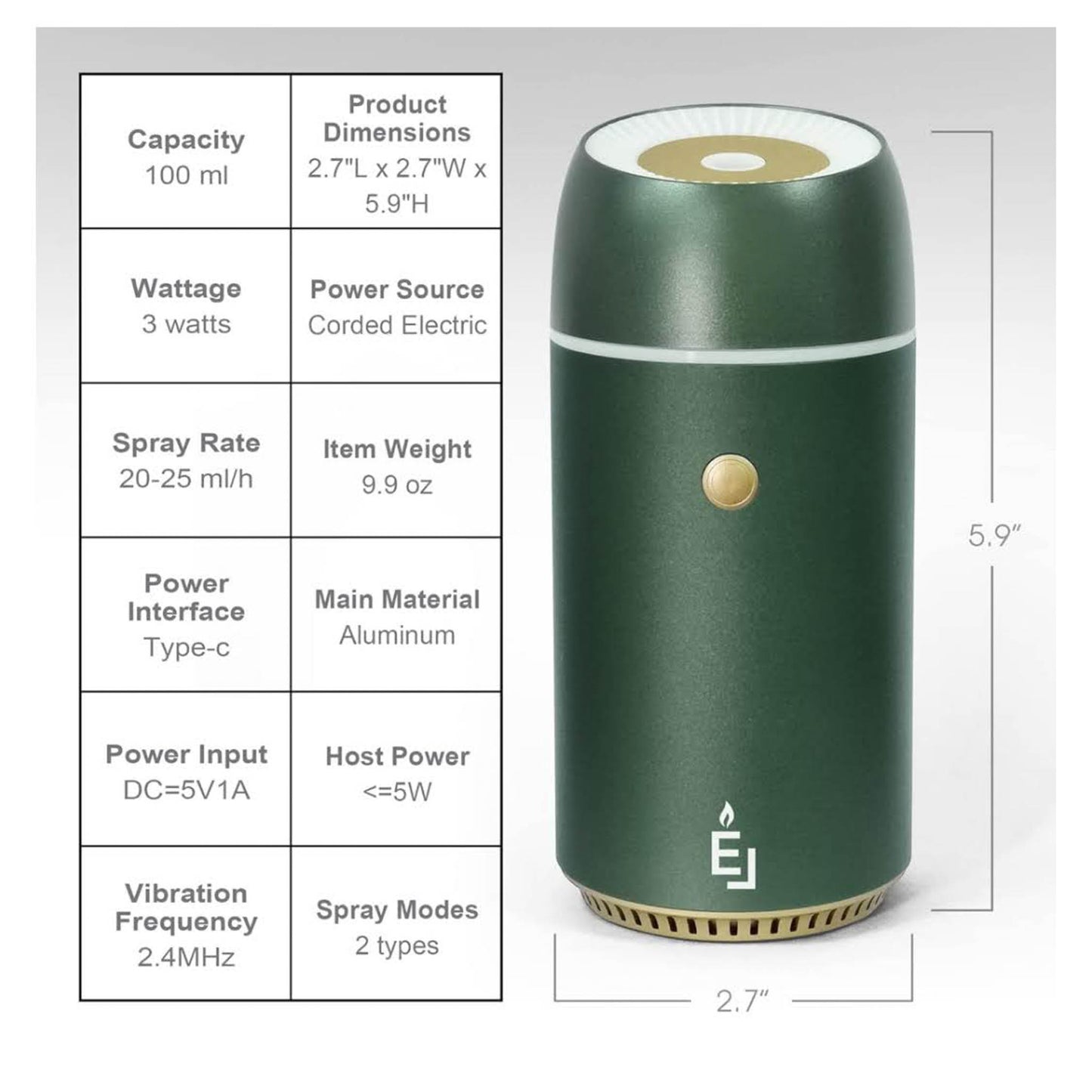 Earnest Living, 100 ml, ätherischer Öldiffusor, Auto-Luftfrischer, Timer, Nachtlicht, USB-portabel, Auto-Off-Funktion, grünes Geschenk.