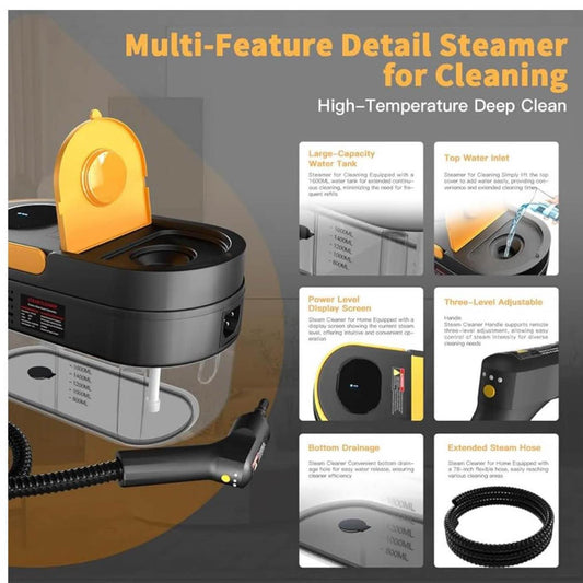 Gautye Dampfreiniger, Handgerät, 3-stufiger Griff, 15s Aufheizzeit, 1,6L Tank, 11 Zubehörteile, ideal für Boden, Küche, Fenster, Badezimmer, Autos.