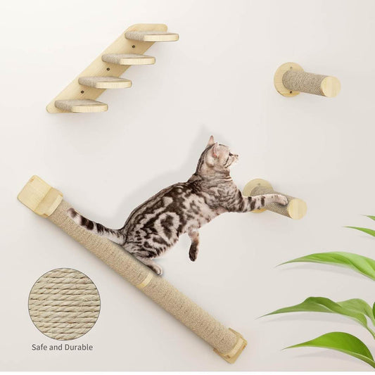 YITAHOME Katzen-Wandmöbel, 7 Teile, Holz, Kletterbaum mit 3 Kratzbäumen, 4 Stufen, Hängematte, Katzentreppe, Wandmontage.