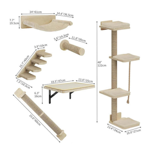 YITAHOME Katzen-Wandmöbel, 7 Teile, Holz, Kletterbaum mit 3 Kratzbäumen, 4 Stufen, Hängematte, Katzentreppe, Wandmontage.