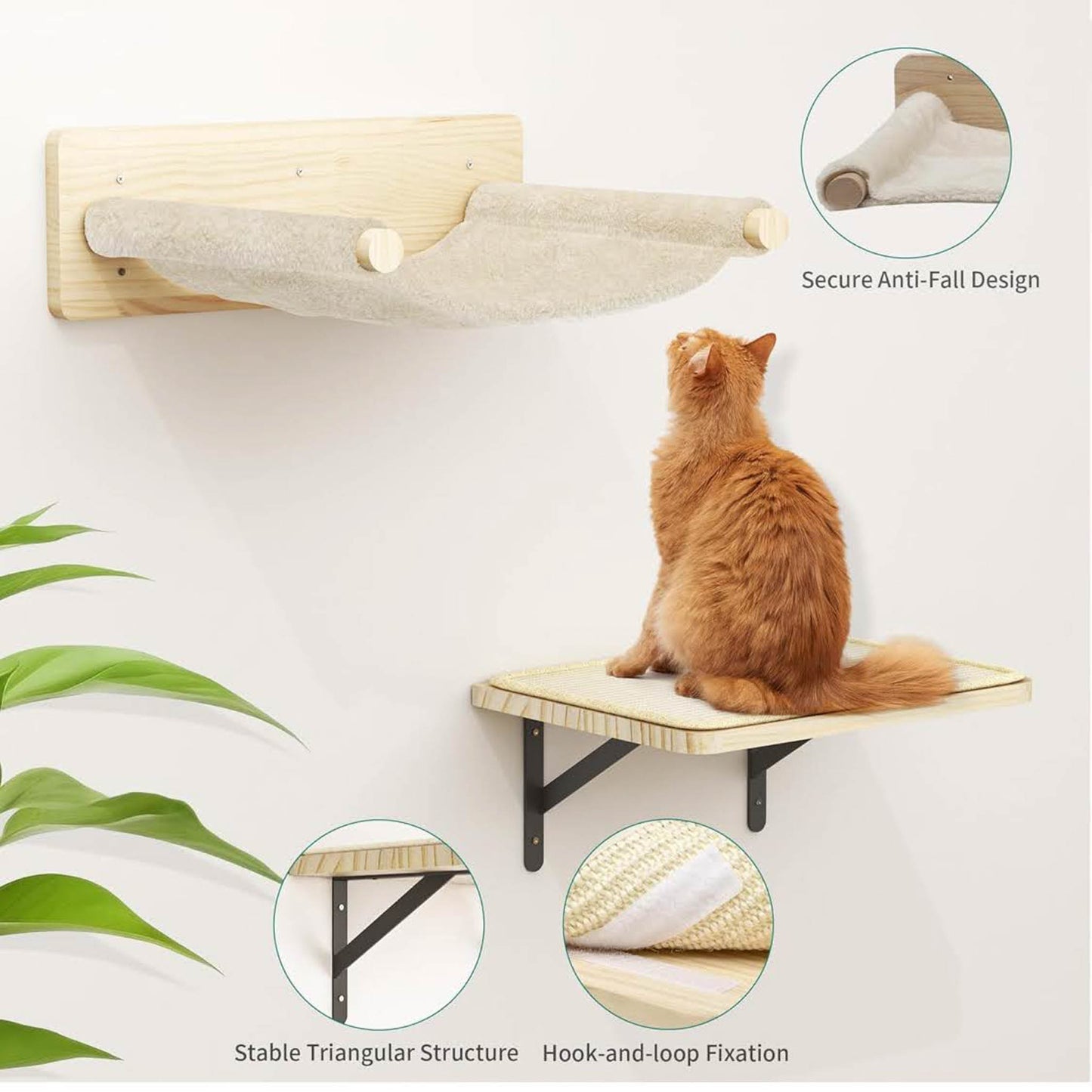 YITAHOME Katzen-Wandmöbel, 7 Teile, Holz, Kletterbaum mit 3 Kratzbäumen, 4 Stufen, Hängematte, Katzentreppe, Wandmontage.
