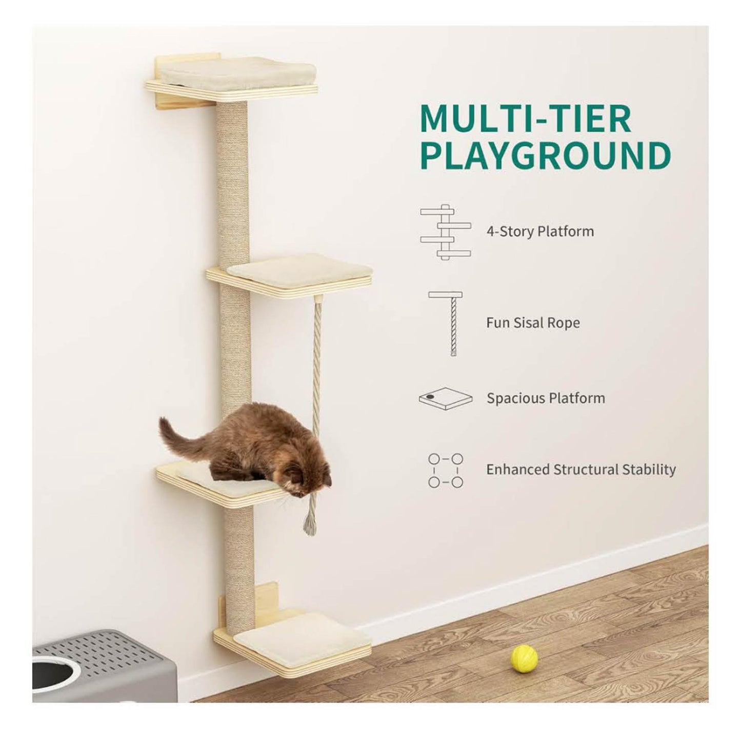 YITAHOME Katzen-Wandmöbel, 7 Teile, Holz, Kletterbaum mit 3 Kratzbäumen, 4 Stufen, Hängematte, Katzentreppe, Wandmontage.
