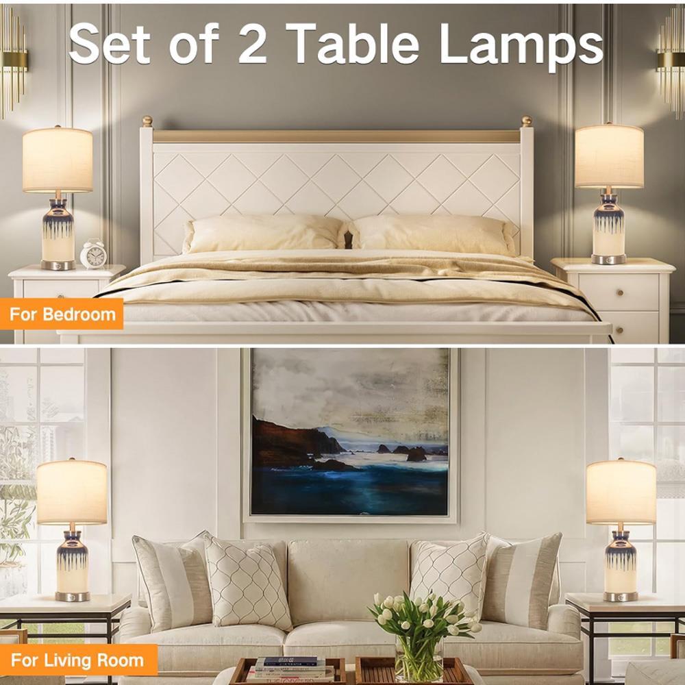 OUTON Tischlampen 2er Set Nachttischlampe Touch Dimmbar mit USB A+Typ-C-Anschlüssen 2 Dimmbare LED-Birnen Moderne Tischleuchte Weißer Lampenschirm für Wohnzimmer Schlafzimmer Büro