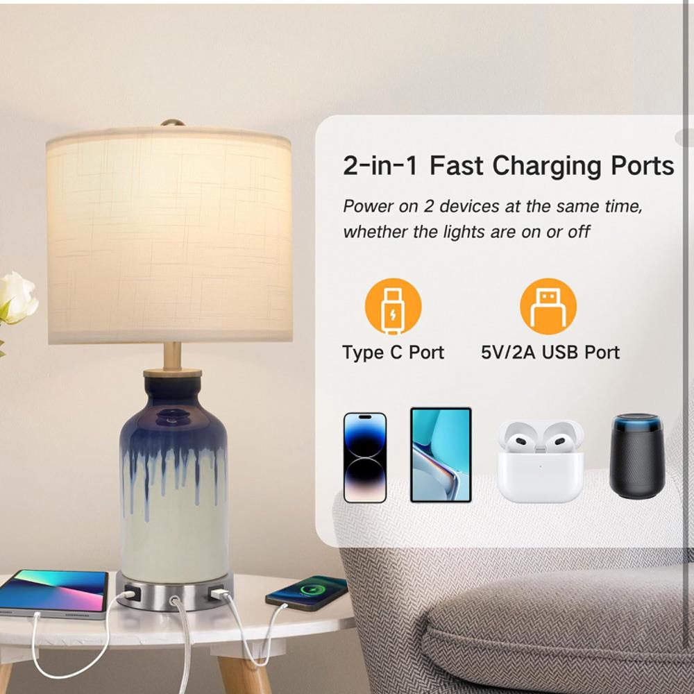 OUTON Tischlampen 2er Set Nachttischlampe Touch Dimmbar mit USB A+Typ-C-Anschlüssen 2 Dimmbare LED-Birnen Moderne Tischleuchte Weißer Lampenschirm für Wohnzimmer Schlafzimmer Büro