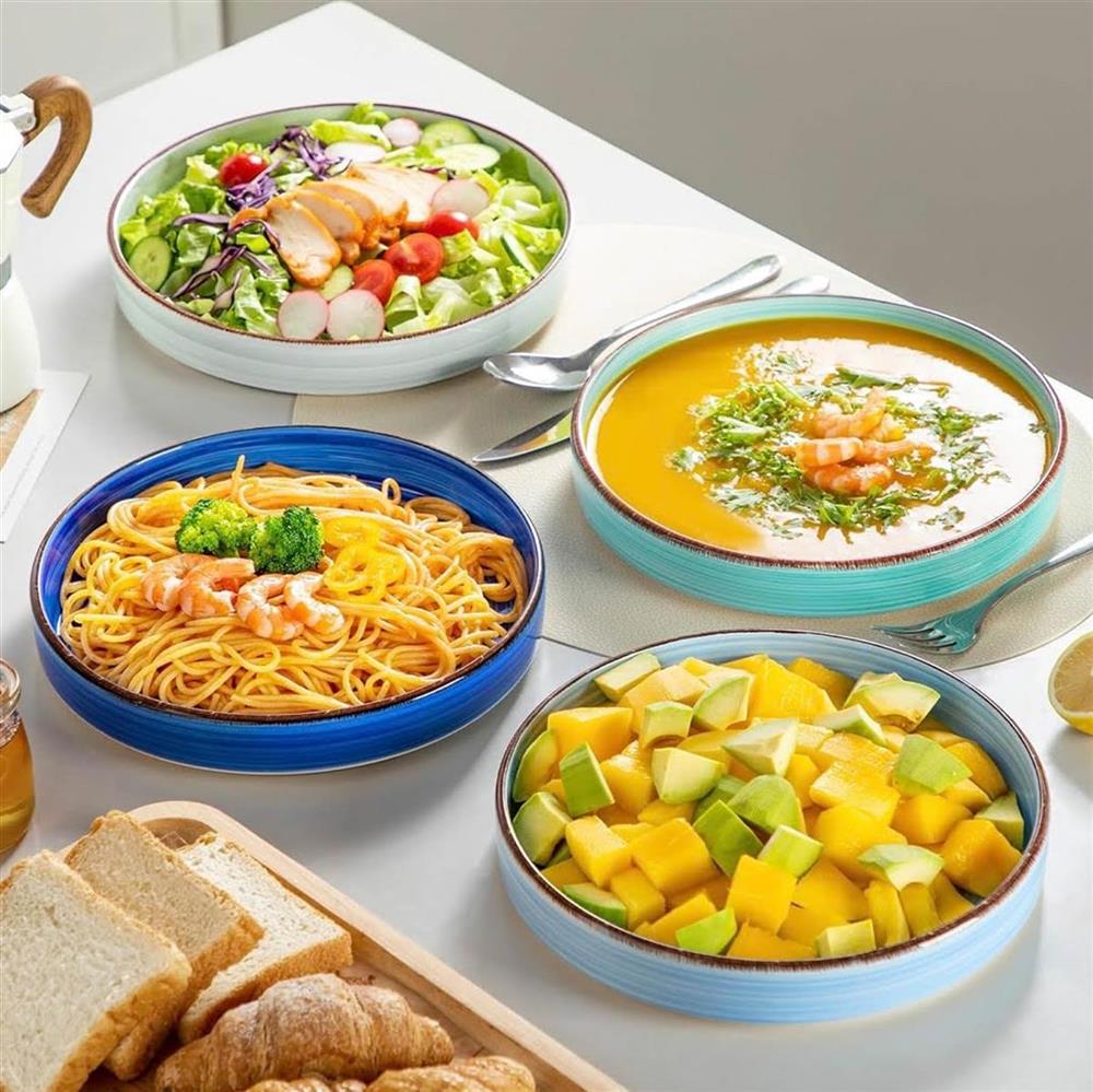 vancasso Bonita Suppenschalen Steingut 4er Set große Salatschalen Spaghetti Tiefteller blau spülmaschinen- und mikrowellengeeignet