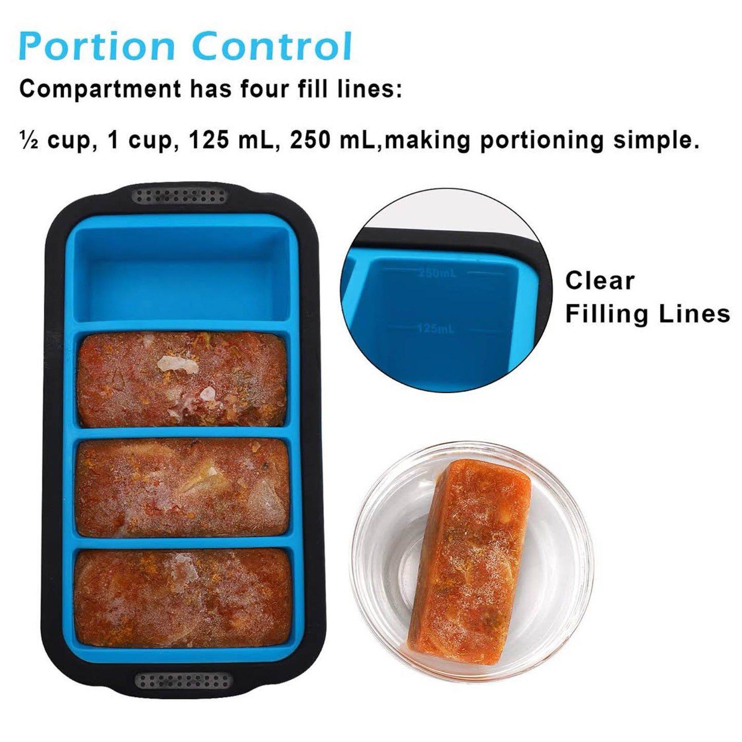 Silikon-Gefrierbehälter, 2er Pack, extra großes Gefriertablett, blau, für Suppe, Brühe, Soße, Eiswürfel, 4 große Portionen.