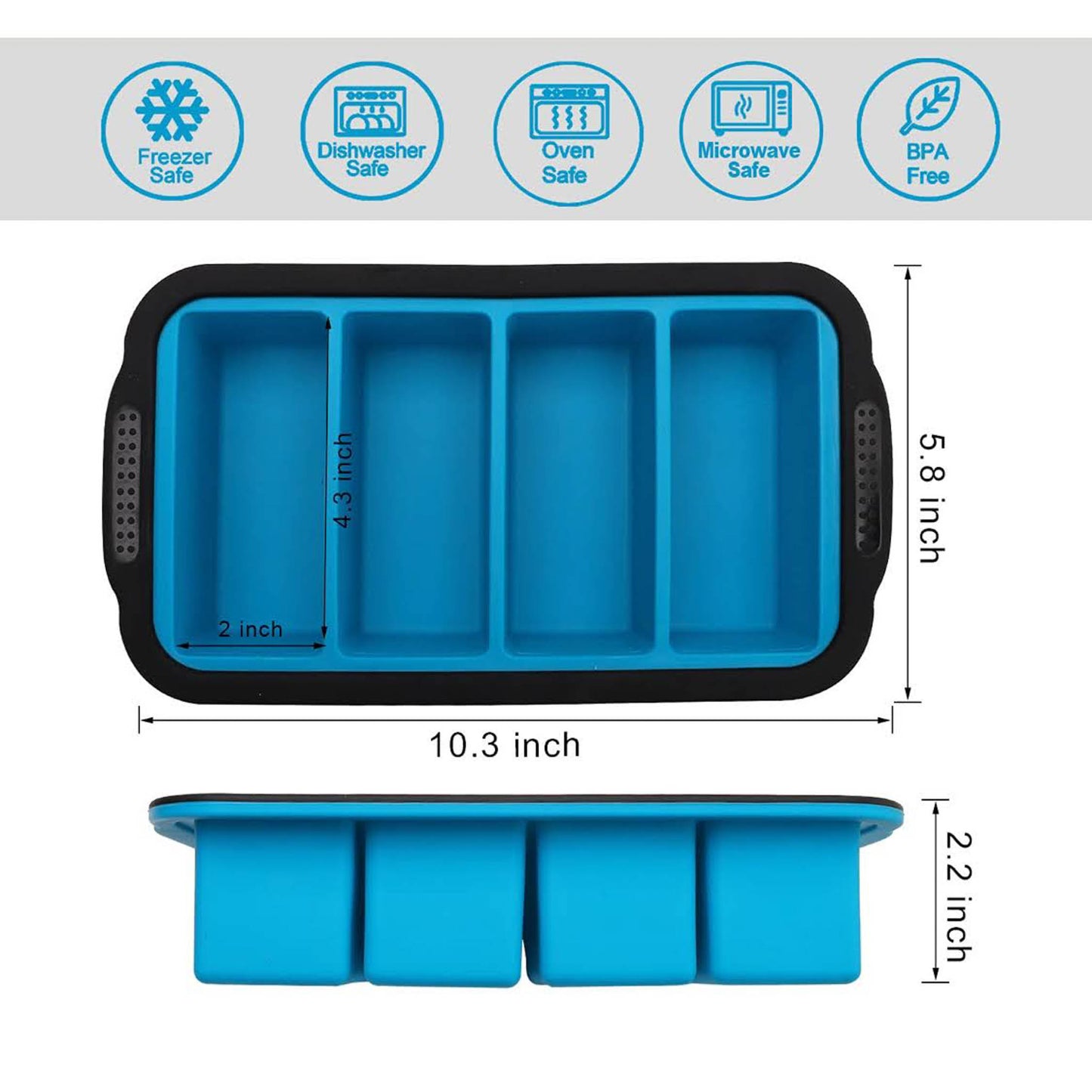 Silikon-Gefrierbehälter, 2er Pack, extra großes Gefriertablett, blau, für Suppe, Brühe, Soße, Eiswürfel, 4 große Portionen.
