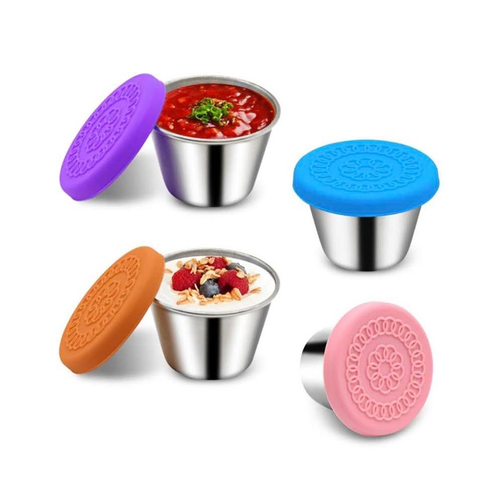 Food Container 4 x 70 ml Stainless Steel Bento Boxes with Silicone Lid for Spices Salad Sauce Reusable Mini Lunch Box