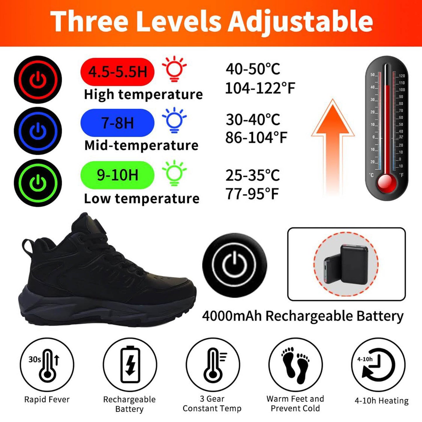 NBUABX Beheizte Schuhe, Gr. 36, Heizschuhe, 3 Wärmeeinstellungen, 4000mAh Akku, elektrisch, ideal für Winter, Jagd, Skifahren.