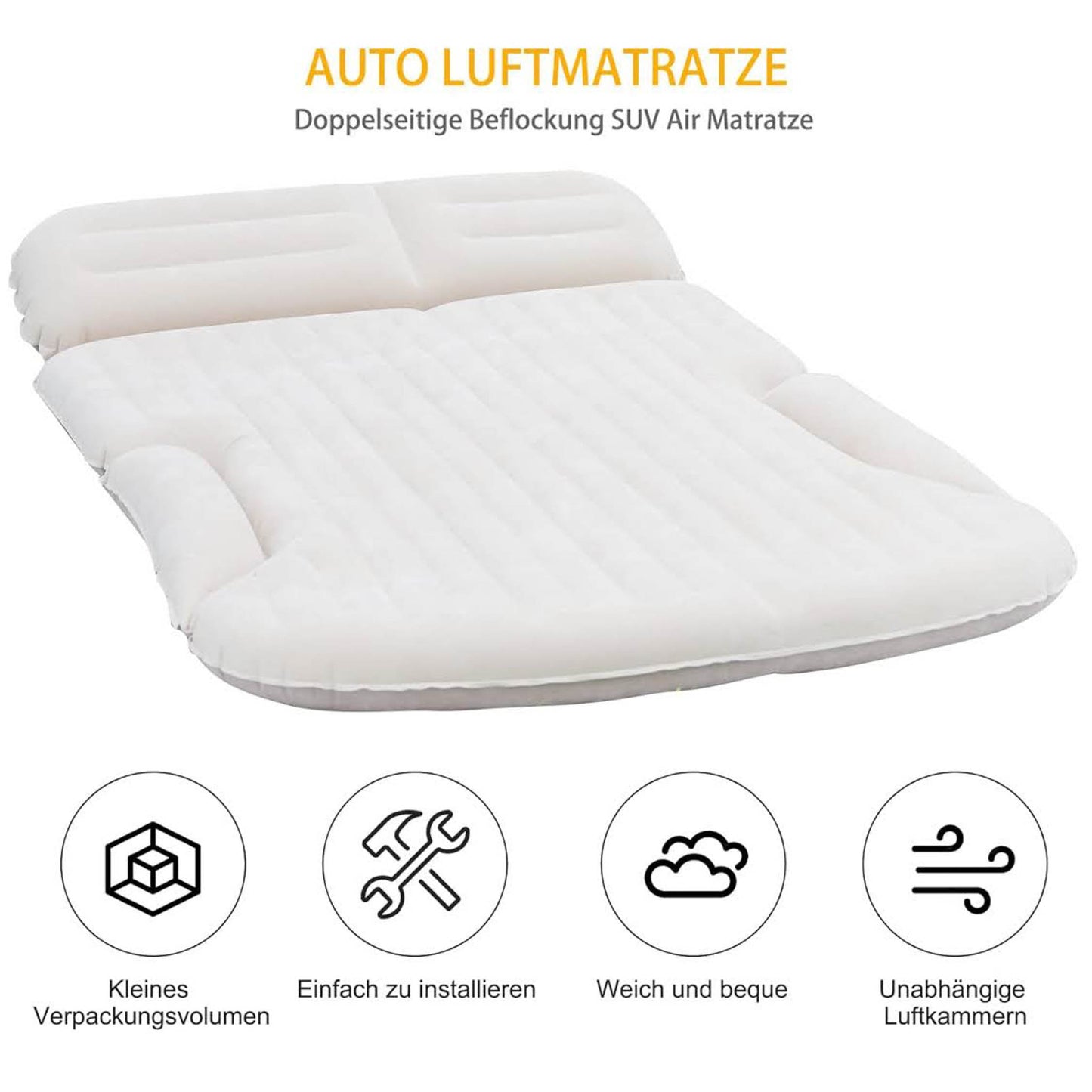 KMZ Auto Matratze, Doppelseitige Luftmatratze, 2 Kissen, Verdickte Beflockung, Beige/Kaffee, ideal für Kofferraum und Rückbank.