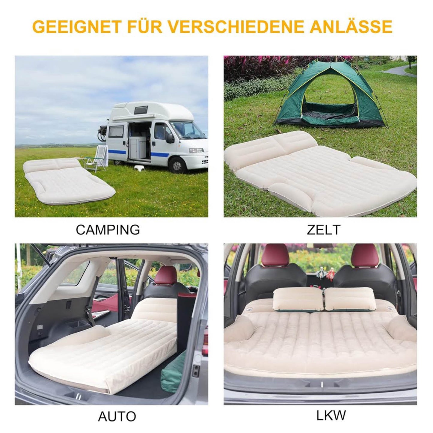 KMZ Auto Matratze, Doppelseitige Luftmatratze, 2 Kissen, Verdickte Beflockung, Beige/Kaffee, ideal für Kofferraum und Rückbank.