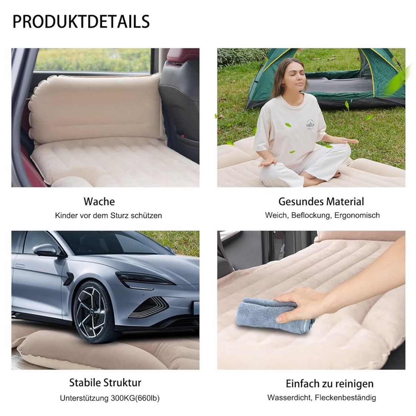KMZ Auto Matratze, Doppelseitige Luftmatratze, 2 Kissen, Verdickte Beflockung, Beige/Kaffee, ideal für Kofferraum und Rückbank.