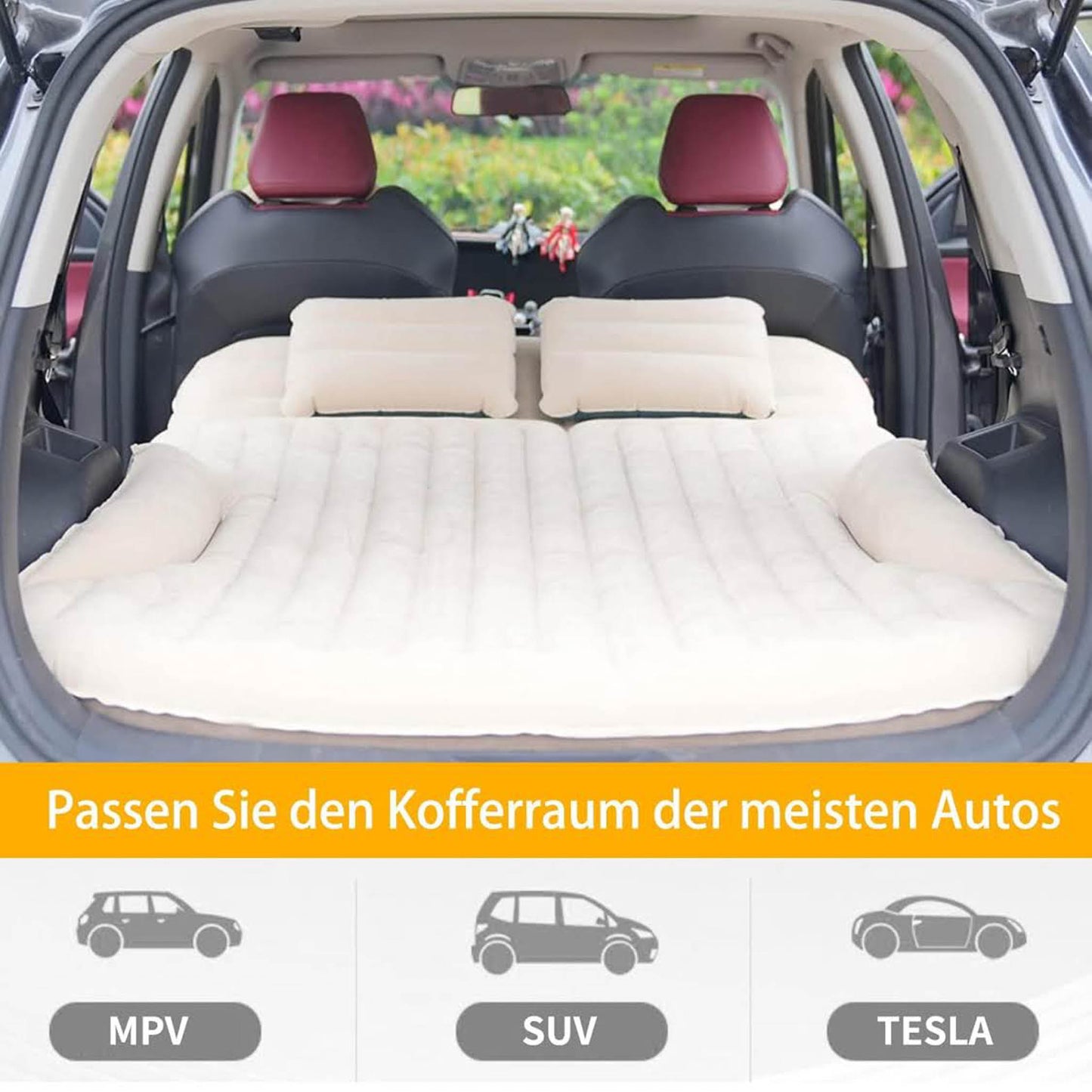 KMZ Auto Matratze, Doppelseitige Luftmatratze, 2 Kissen, Verdickte Beflockung, Beige/Kaffee, ideal für Kofferraum und Rückbank.
