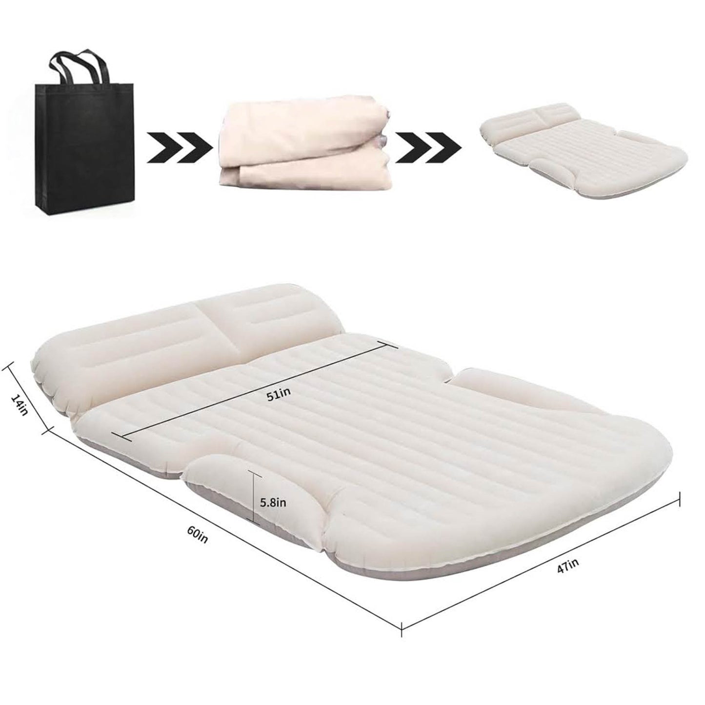 KMZ Auto Matratze, Doppelseitige Luftmatratze, 2 Kissen, Verdickte Beflockung, Beige/Kaffee, ideal für Kofferraum und Rückbank.