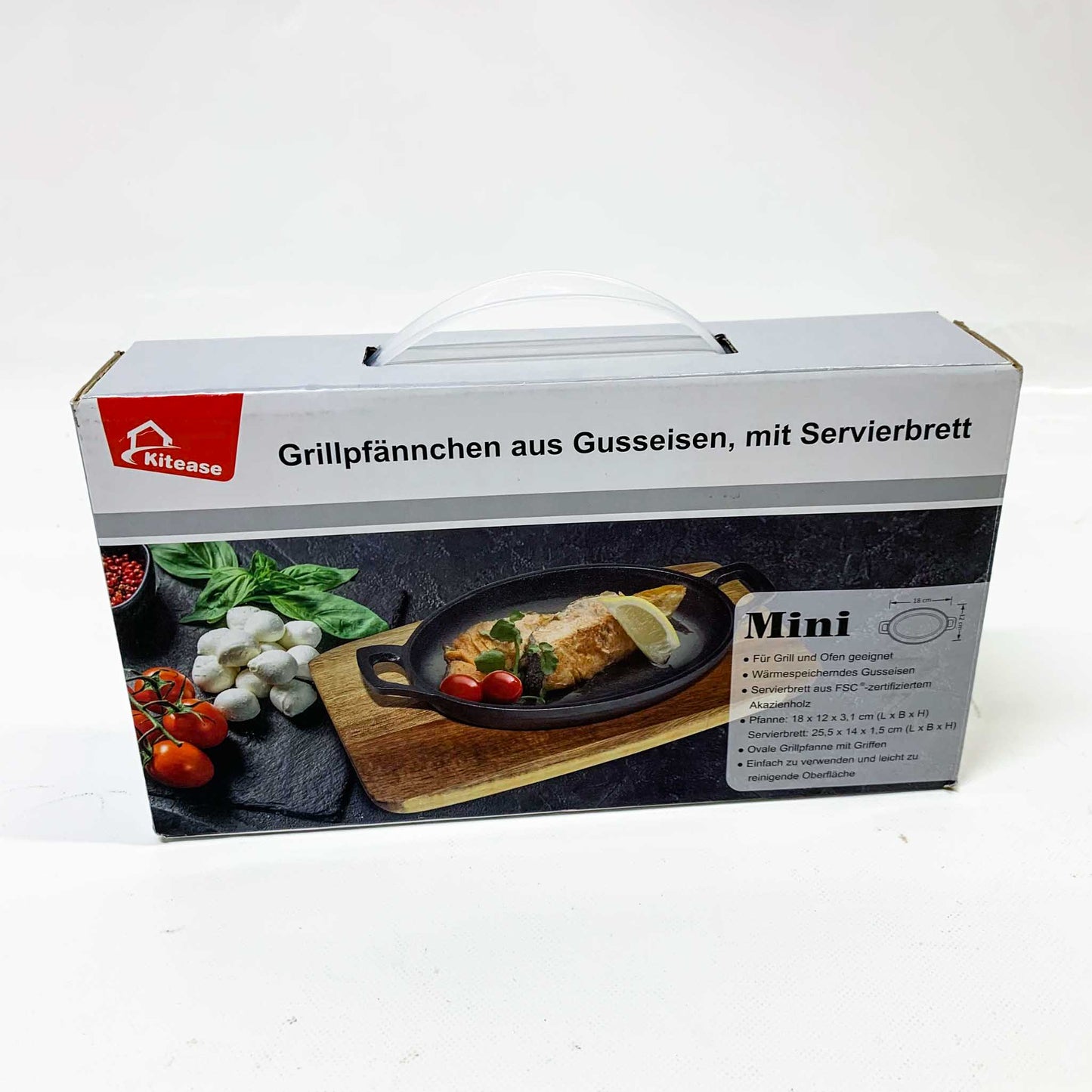 Gusseisen Grillpfännchen Ø 18cm mit Servierbrett, ideal für Grillgerichte, hitzebeständig, gleichmäßige Wärmeverteilung.