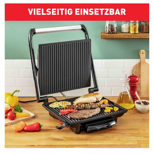 Tefal Kontaktgrill Inicio GC241D, Elektrogrill, fettarmes Grillen, Antihaftplatten, 2000W, Edelstahl/Schwarz, 36.3x10.8x33.2cm.