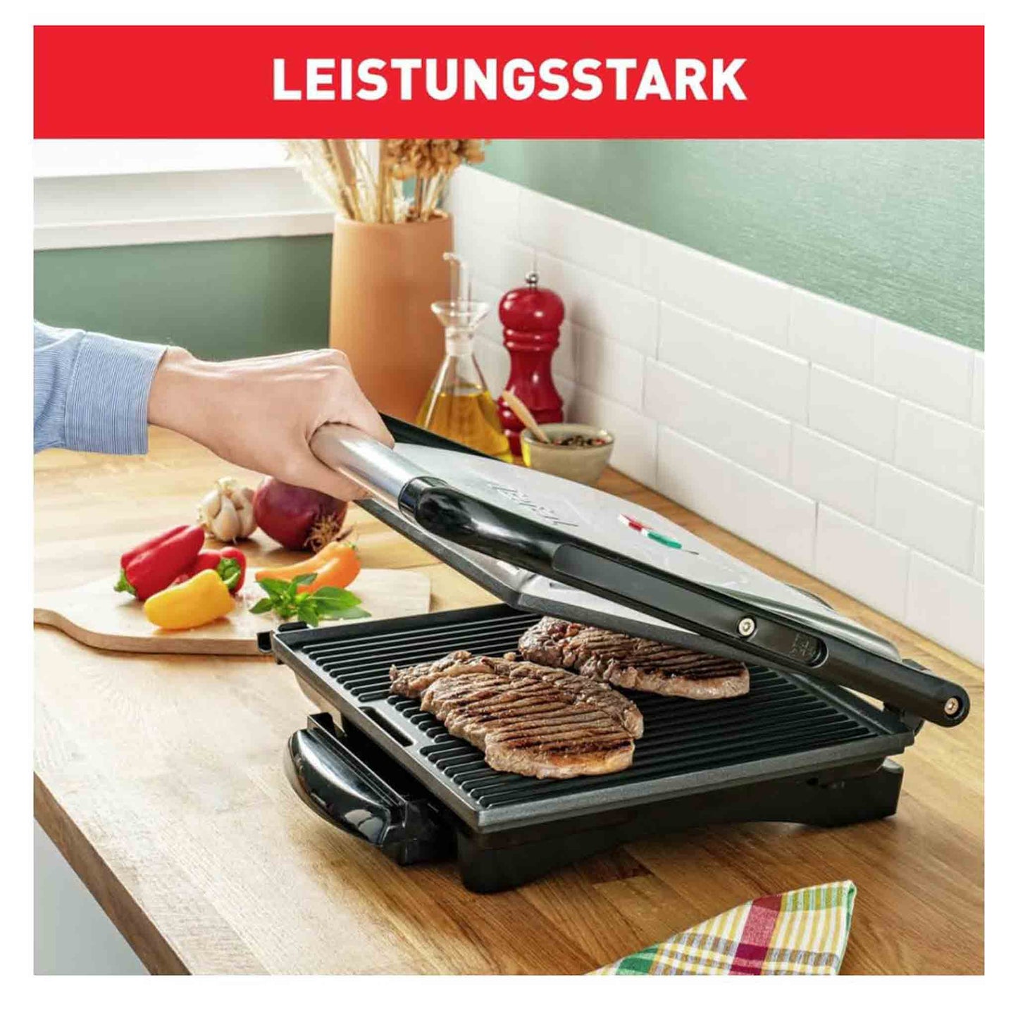Tefal Kontaktgrill Inicio GC241D, Elektrogrill, fettarmes Grillen, Antihaftplatten, 2000W, Edelstahl/Schwarz, 36.3x10.8x33.2cm.