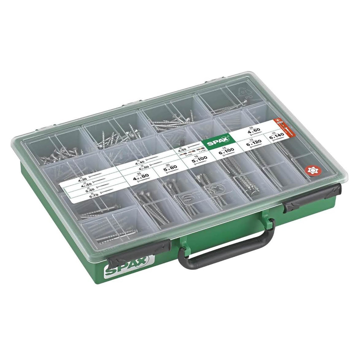 SPAX Sortimentskoffer groß, Schrauben-Set, 14 Abmessungen, 384 Schrauben + 3 Bits, Senkkopf, T-STAR plus, WIROX