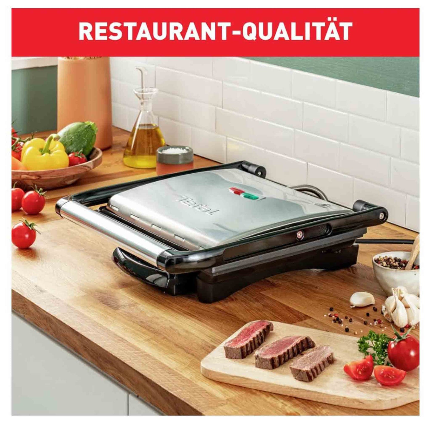 Tefal Kontaktgrill Inicio GC241D, Elektrogrill, fettarmes Grillen, Antihaftplatten, 2000W, Edelstahl/Schwarz, 36.3x10.8x33.2cm.