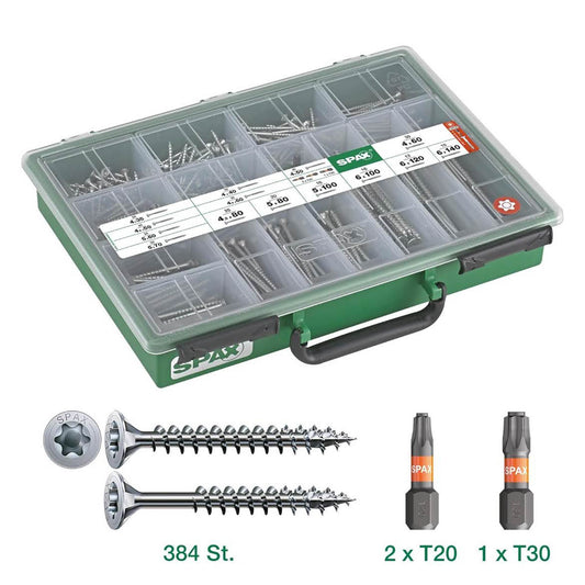SPAX Sortimentskoffer groß, Schrauben-Set, 14 Abmessungen, 384 Schrauben + 3 Bits, Senkkopf, T-STAR plus, WIROX