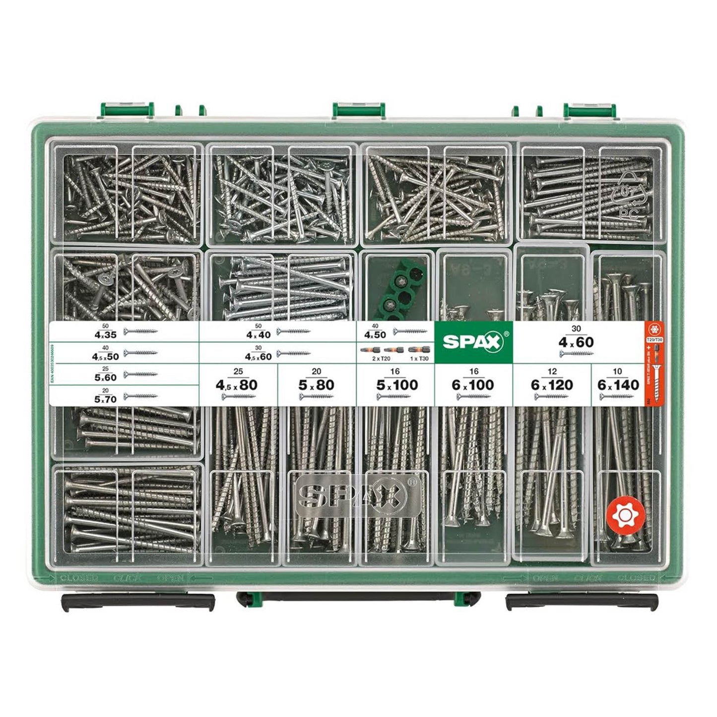 SPAX Sortimentskoffer groß, Schrauben-Set, 14 Abmessungen, 384 Schrauben + 3 Bits, Senkkopf, T-STAR plus, WIROX