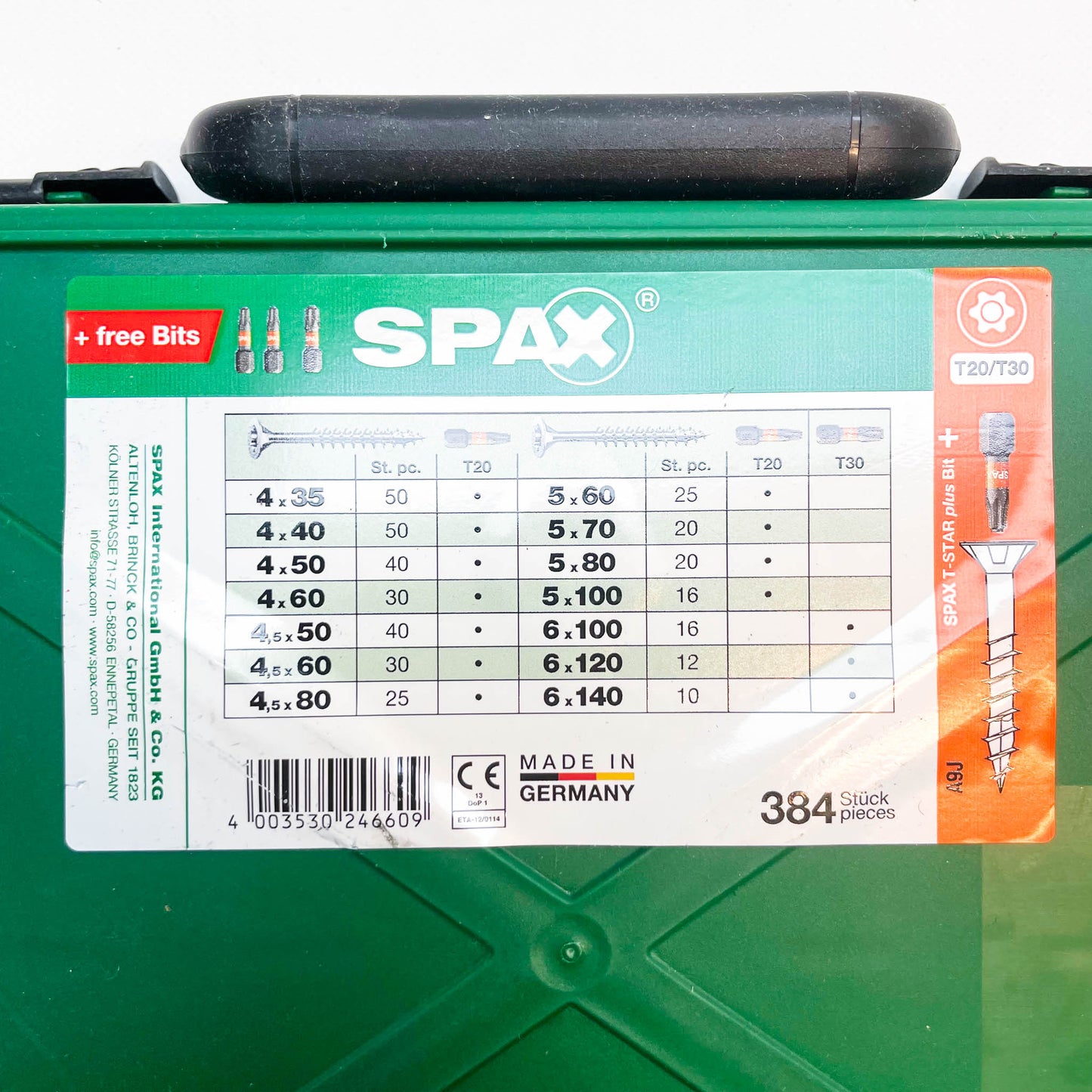 SPAX Sortimentskoffer groß, Schrauben-Set, 14 Abmessungen, 384 Schrauben + 3 Bits, Senkkopf, T-STAR plus, WIROX